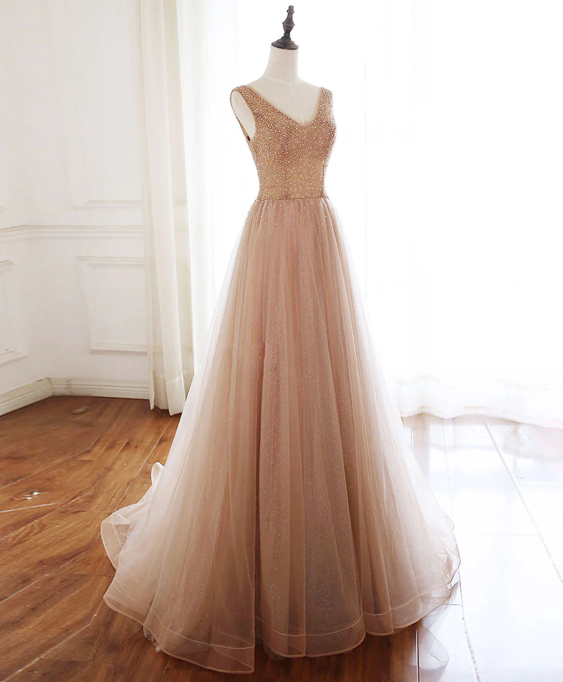 V Neck Tulle Beads Long Prom Dress Evening Dress