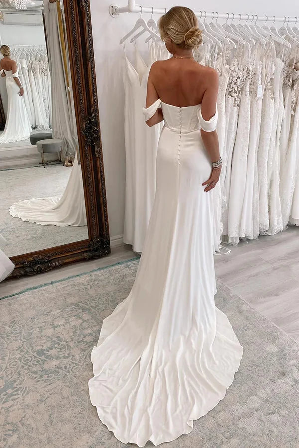 White Long Boho Mermaid Wedding Dress with Slit