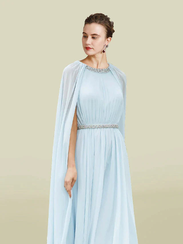 Sheath / Column Mother of the Bride Dress Elegant Jewel Neck Tea Length Chiffon Sleeveless with Pleats Beading Crystal Brooch