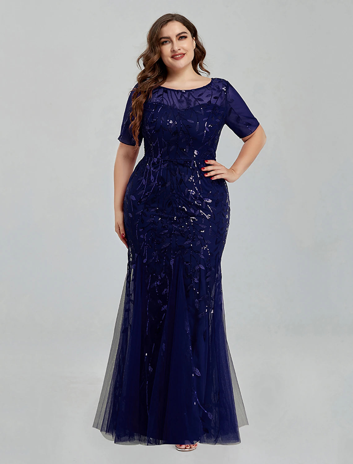 Mermaid / Trumpet Evening Gown Empire Dress Wedding Guest Formal Evening Floor Length Short Sleeve Jewel Neck Bridesmaid Dress Tulle with Embroidery