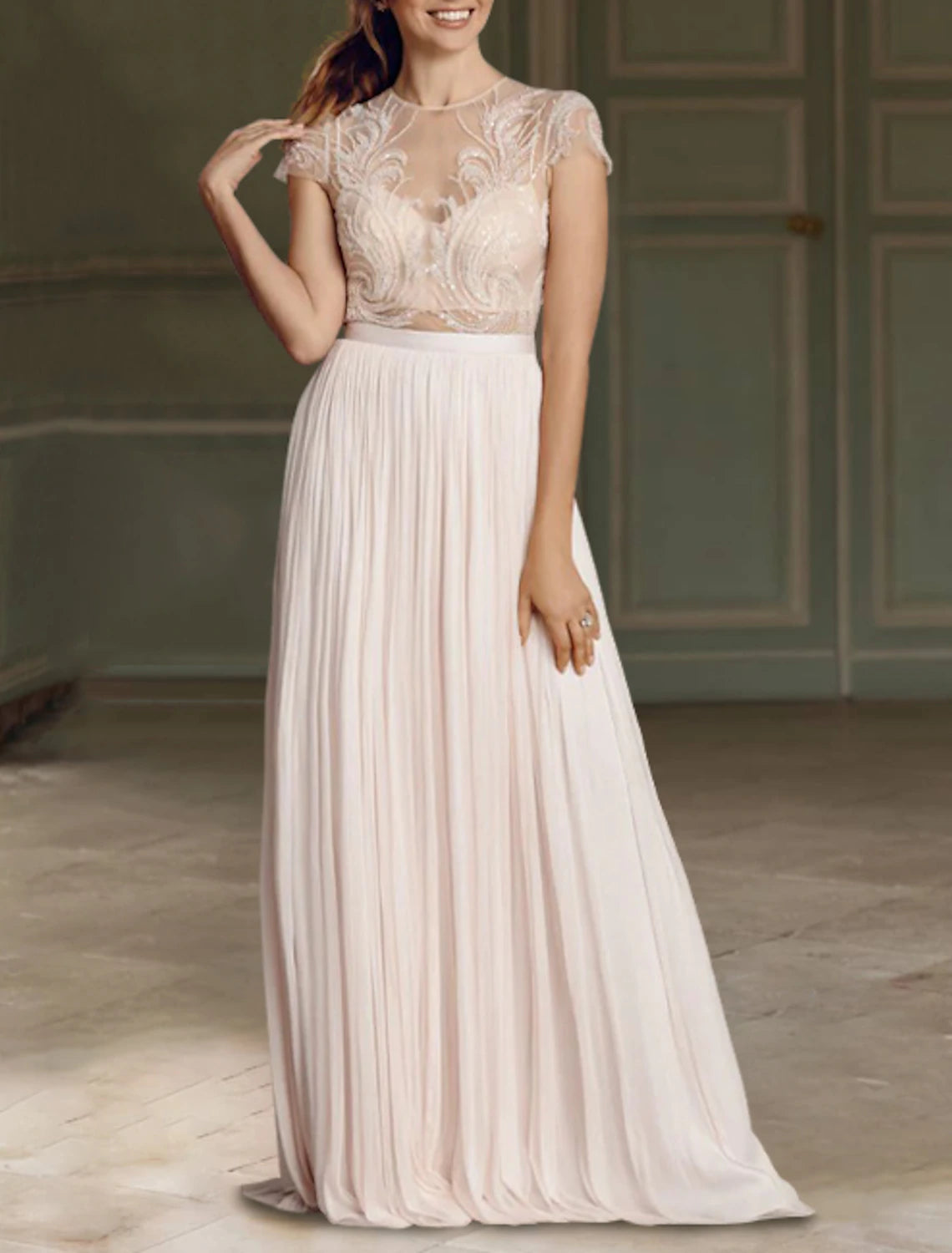 Beach Wedding Dresses in Color Wedding Dresses Separates Illusion Neck Cap Sleeve Separates Lace Bridal Tops Bridal Gowns With Beading