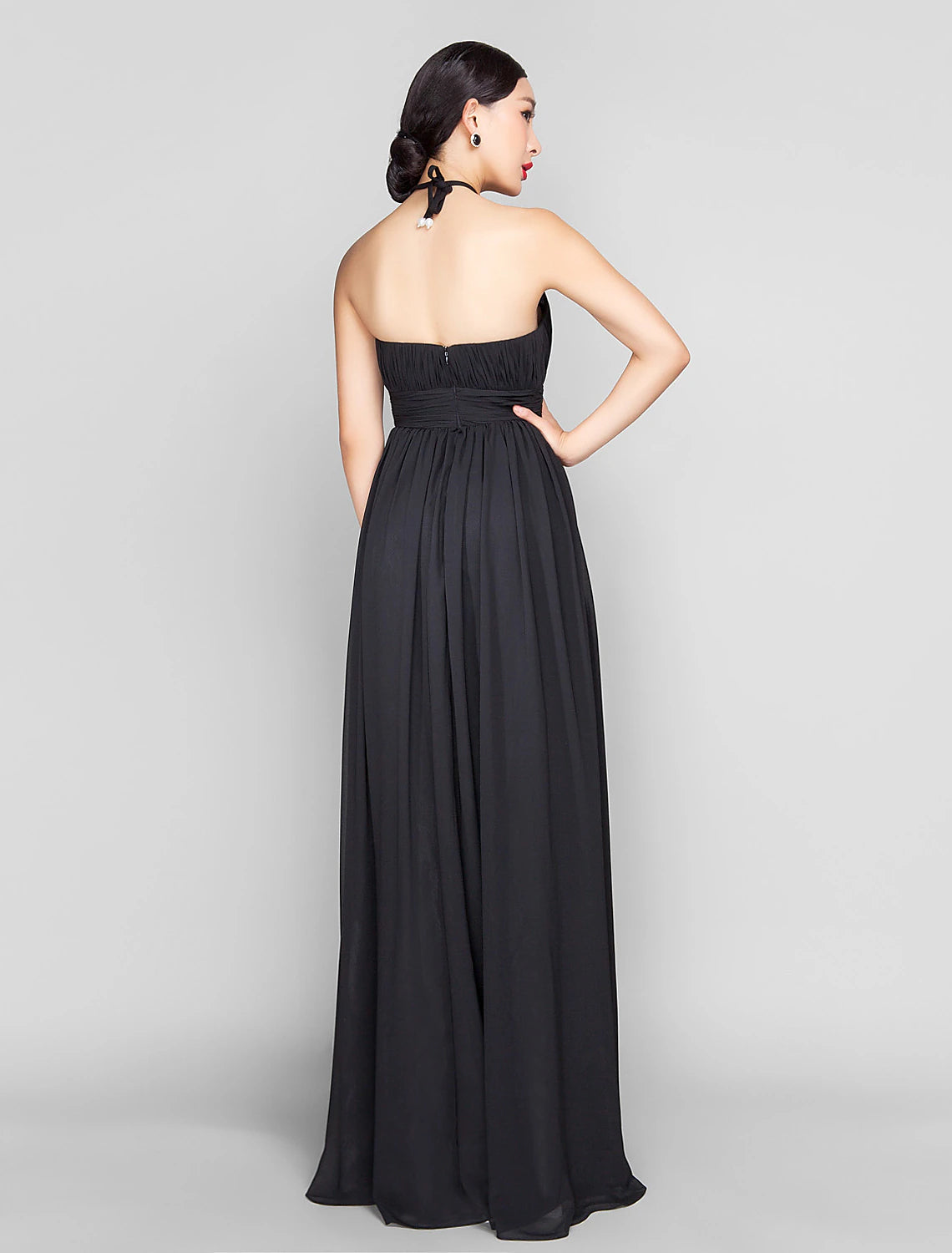 A-Line Open Back Keyhole Formal Evening Wedding Party Military Ball Dress High Neck Sleeveless Floor Length Chiffon with Beading