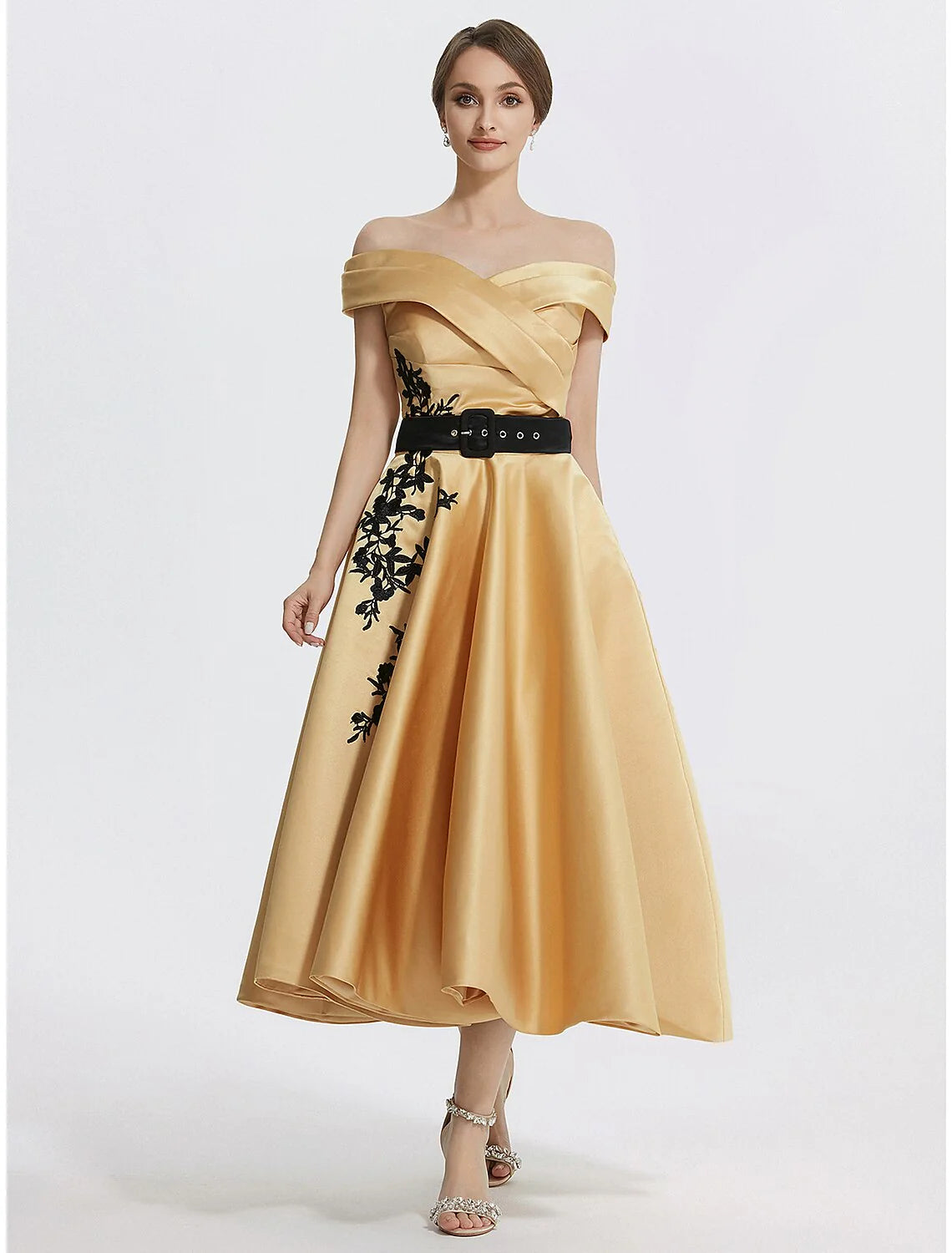 DingjiA-Line Cocktail Dresses Elegant Dress Formal Prom Tea Length Sleeveless Off Shoulder Satin with Appliques