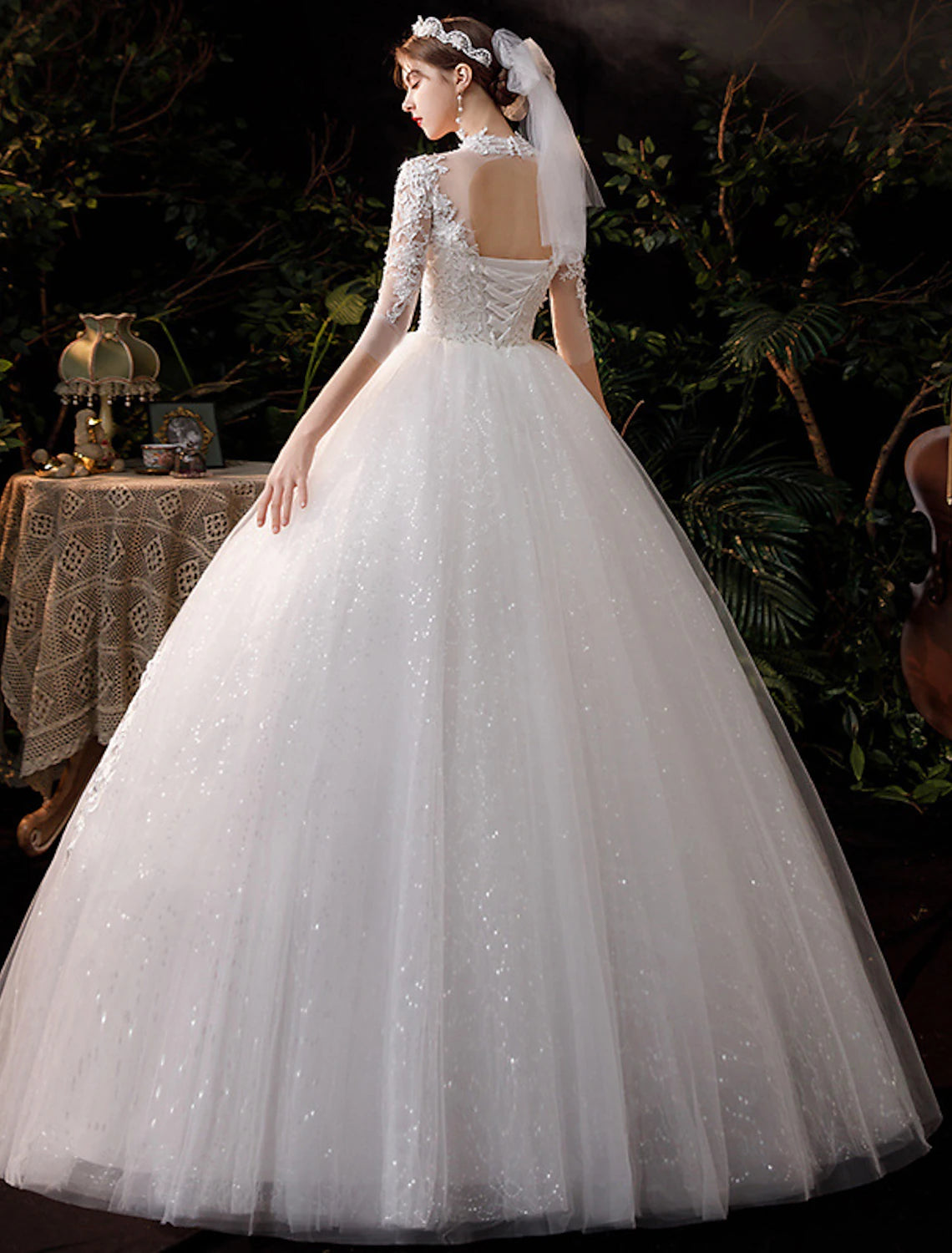 Wedding Dresses Floor Length Ball Gown Half Sleeve High Neck Lace With Appliques Bridal Gowns