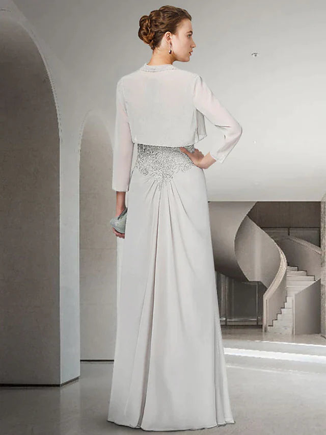 Two Piece Sheath / Column Mother of the Bride Dress Elegant Jewel Neck Floor Length Chiffon Lace 3/4 Length Sleeve Wrap Included with Ruffles Appliques