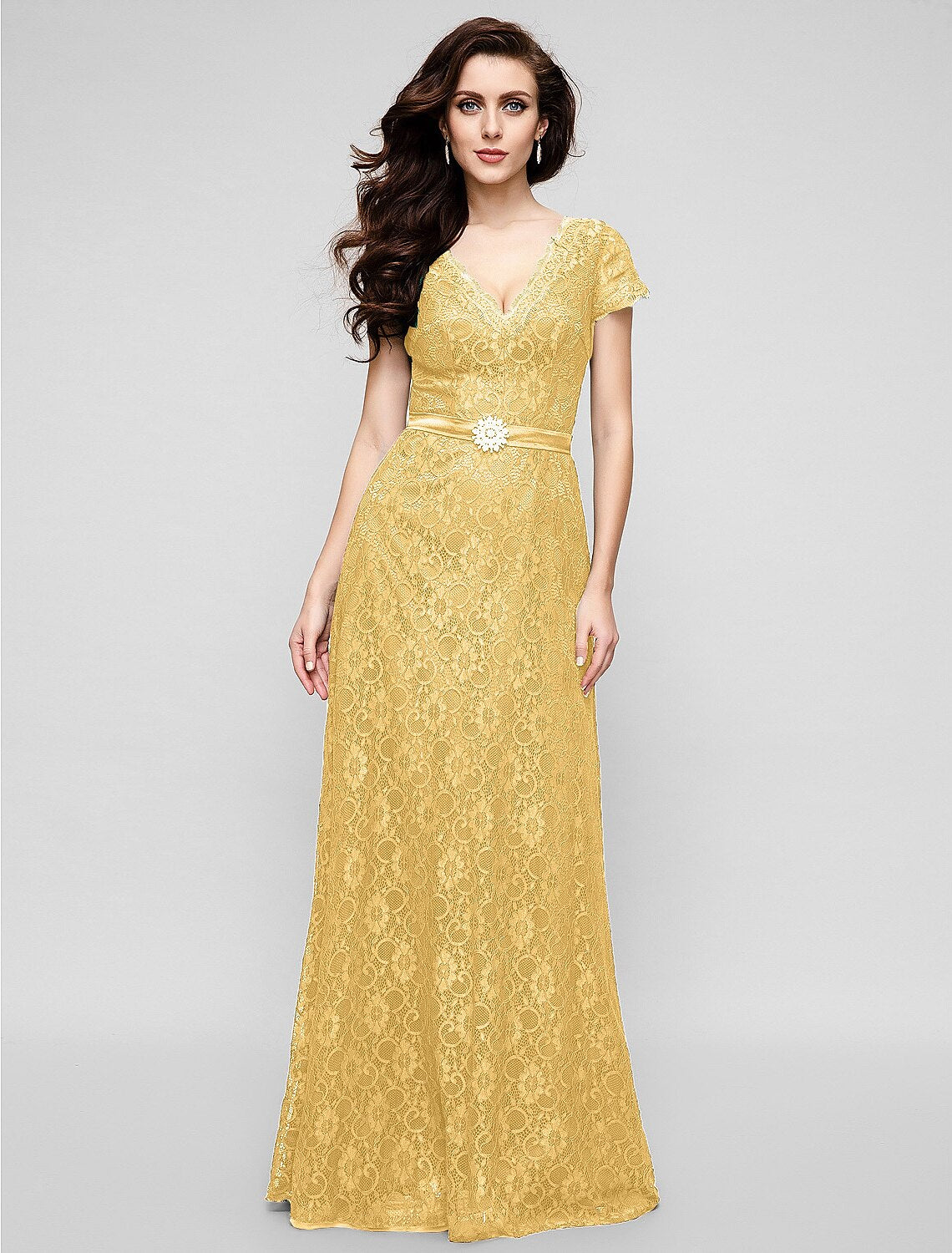 A-Line Elegant Dress Holiday Cocktail Party Floor Length Short Sleeve V Neck All Over Lace with Crystal Brooch