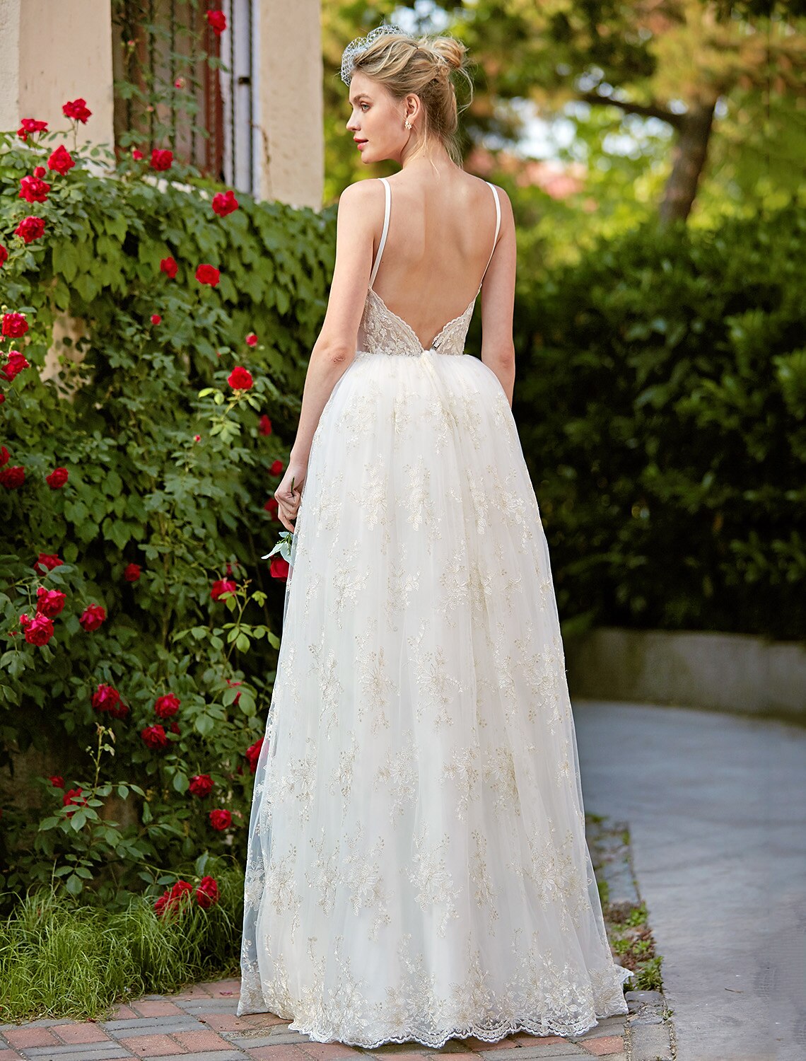 Wedding Dresses A-Line V Neck Sleeveless Floor Length Lace Bridal Gowns With Appliques