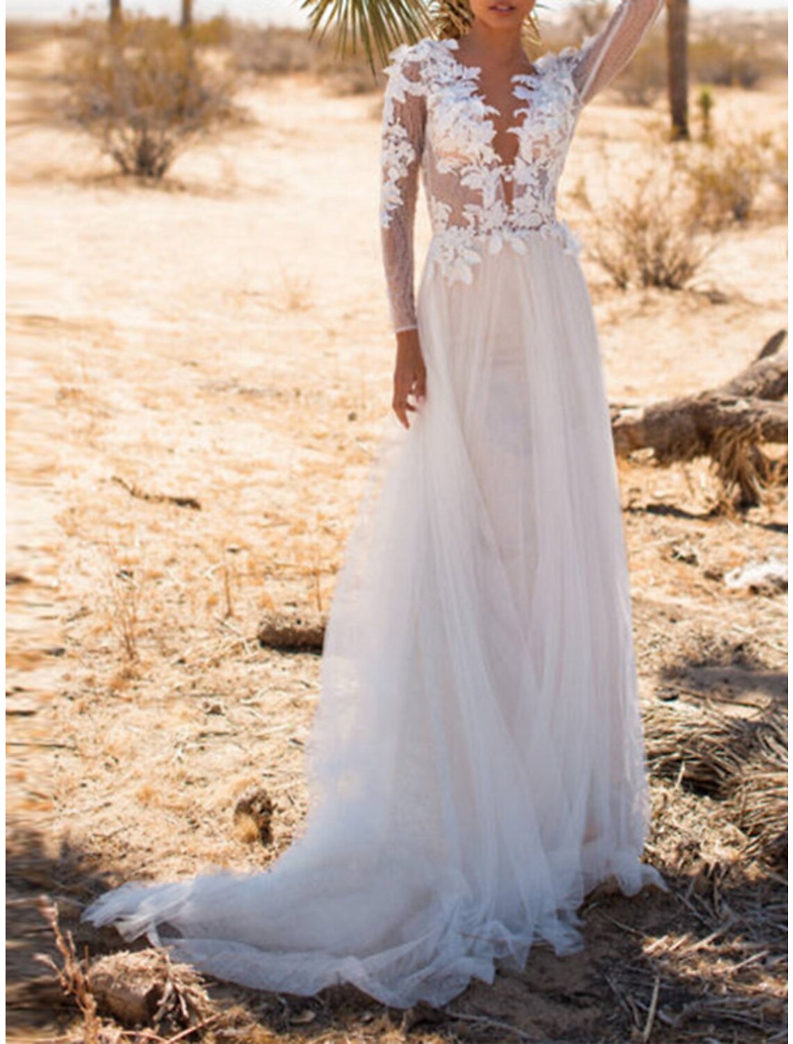 Beach Wedding Dresses A-Line V Neck Long Sleeve Sweep / Brush Train Lace Bridal Gowns With Appliques