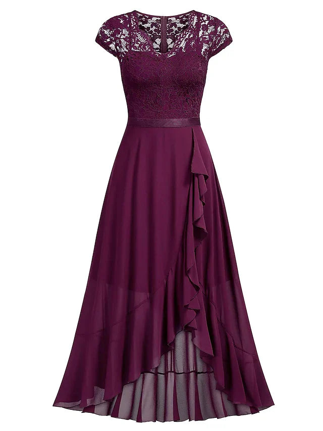 DingjiA-Line Cocktail Dresses Little Black Dress Dress Wedding Guest Asymmetrical Short Sleeve One Shoulder Chiffon with Pleats Lace Insert