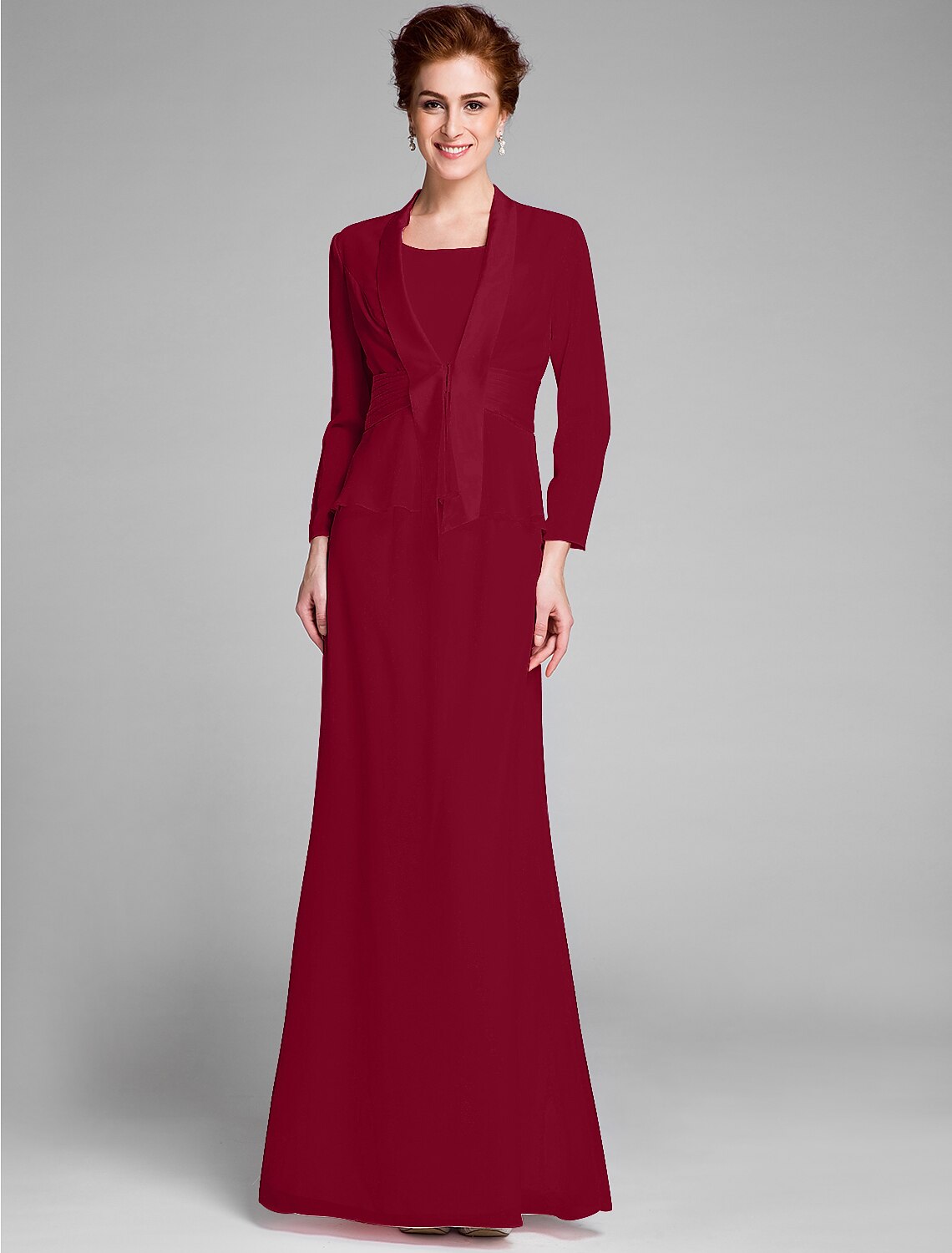Mermaid / Trumpet Mother of the Bride Dress Convertible Dress Scoop Neck Floor Length Chiffon Long Sleeve Wrap Included with Sash / Ribbon