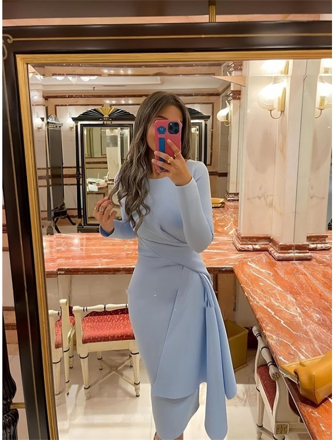 DingjiSheath Formal Dress Cocktail Dresses Elegant Christmas Red Green Dress Formal Fall Knee Length Long Sleeve Jewel Neck Stretch Fabric with Pleats Ruched