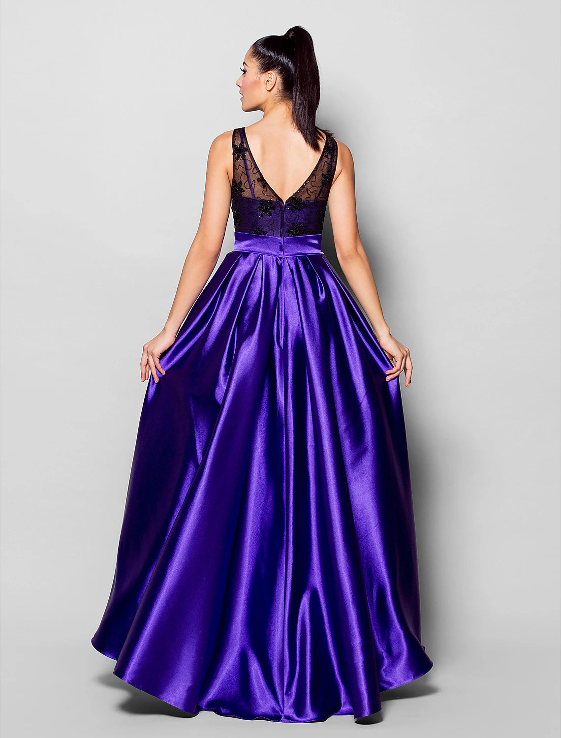 A-Line Open Back See Through Formal Evening Dress Illusion Neck Sleeveless Asymmetrical Stretch Satin with Lace Sash / Ribbon Bow(s)