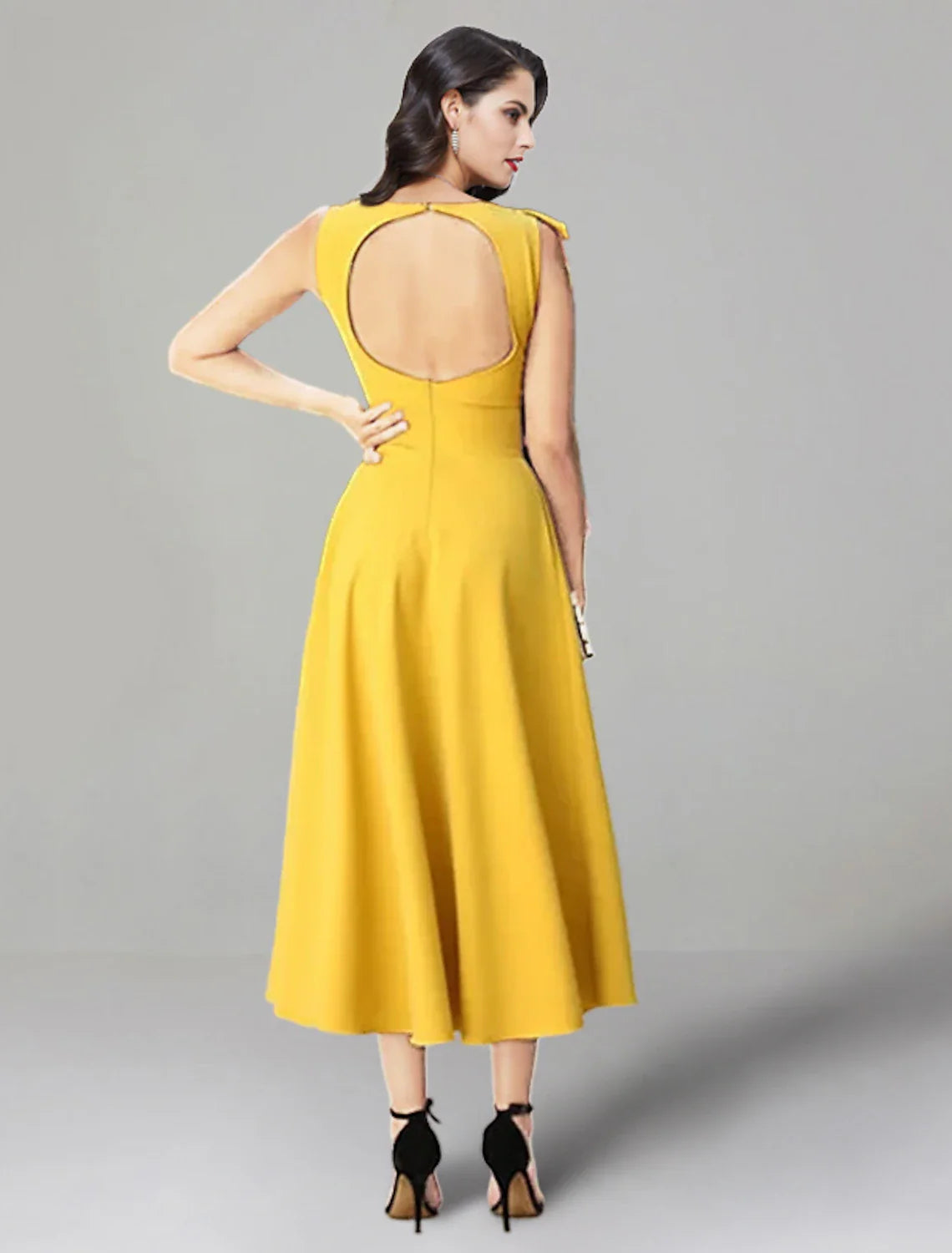 A-Line Wedding Guest Dresses Backless Dress Summer Tea Length Sleeveless Jewel Neck Stretch Fabric with Ruffles