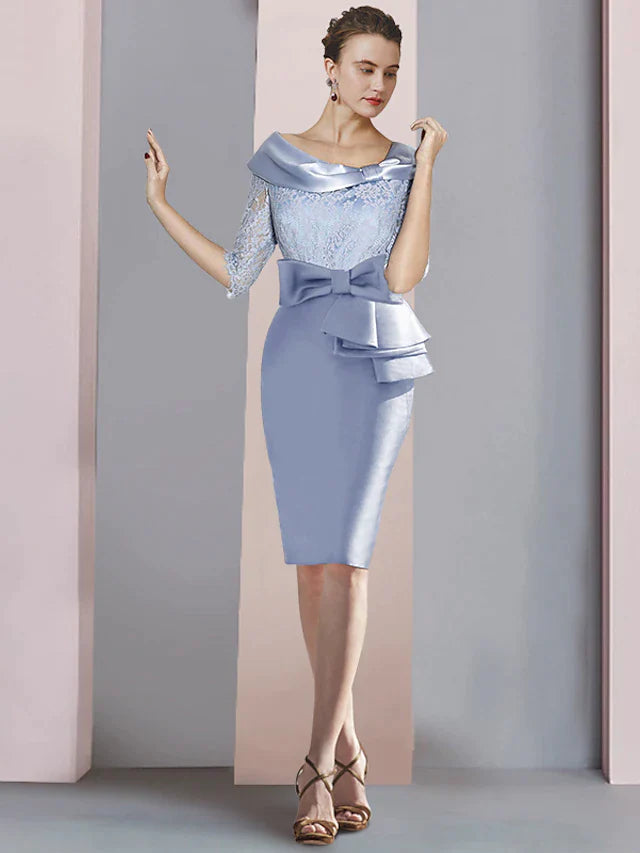 DingjiSheath / Column Mother of the Bride Dress Wedding Guest Party Elegant Scoop Neck Knee Length Satin Lace Half Sleeve with Bow(s) Ruching