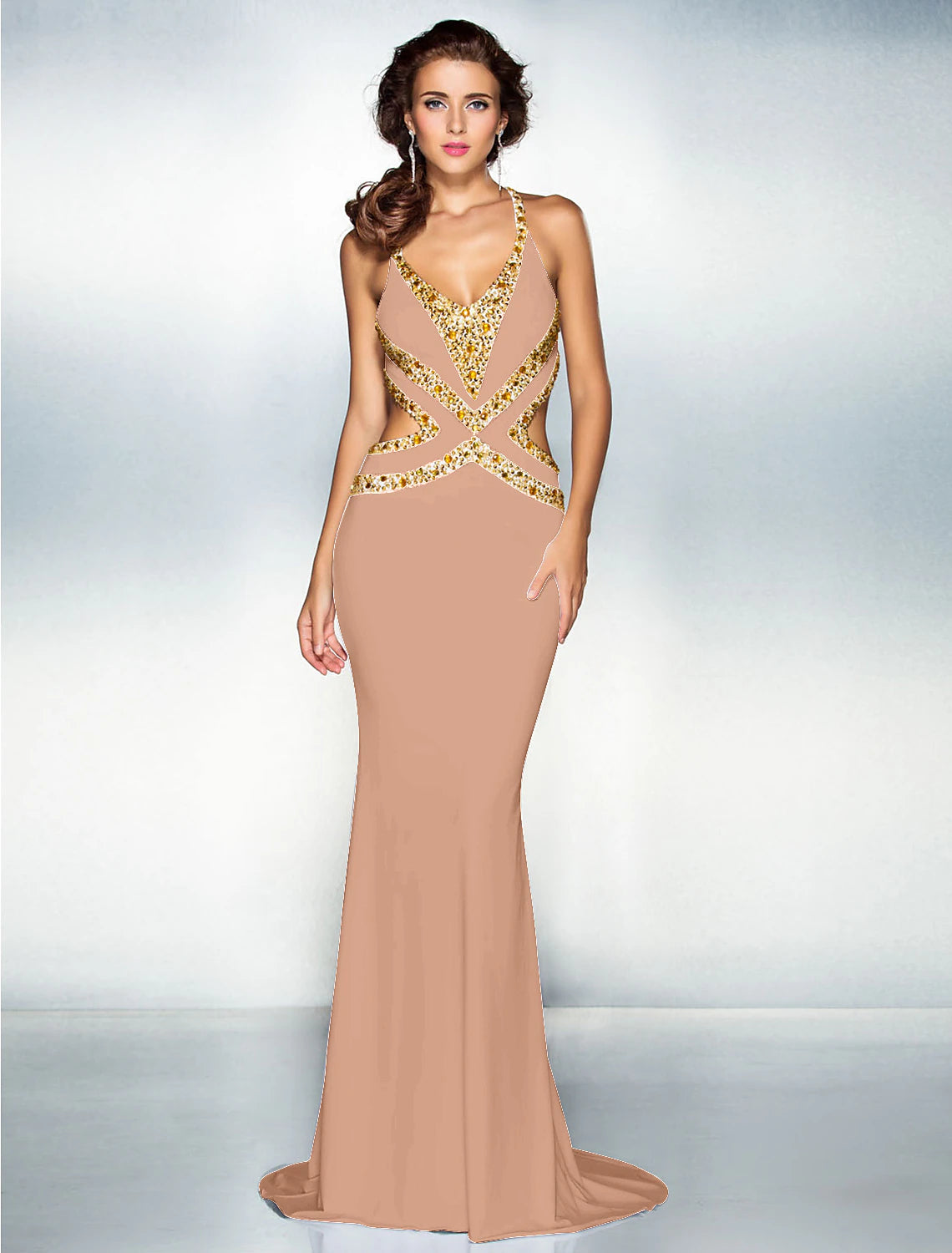 Mermaid / Trumpet Sparkle Dress Wedding Guest Engagement Sweep / Brush Train Sleeveless V Neck Jersey Crisscross Back with Crystals