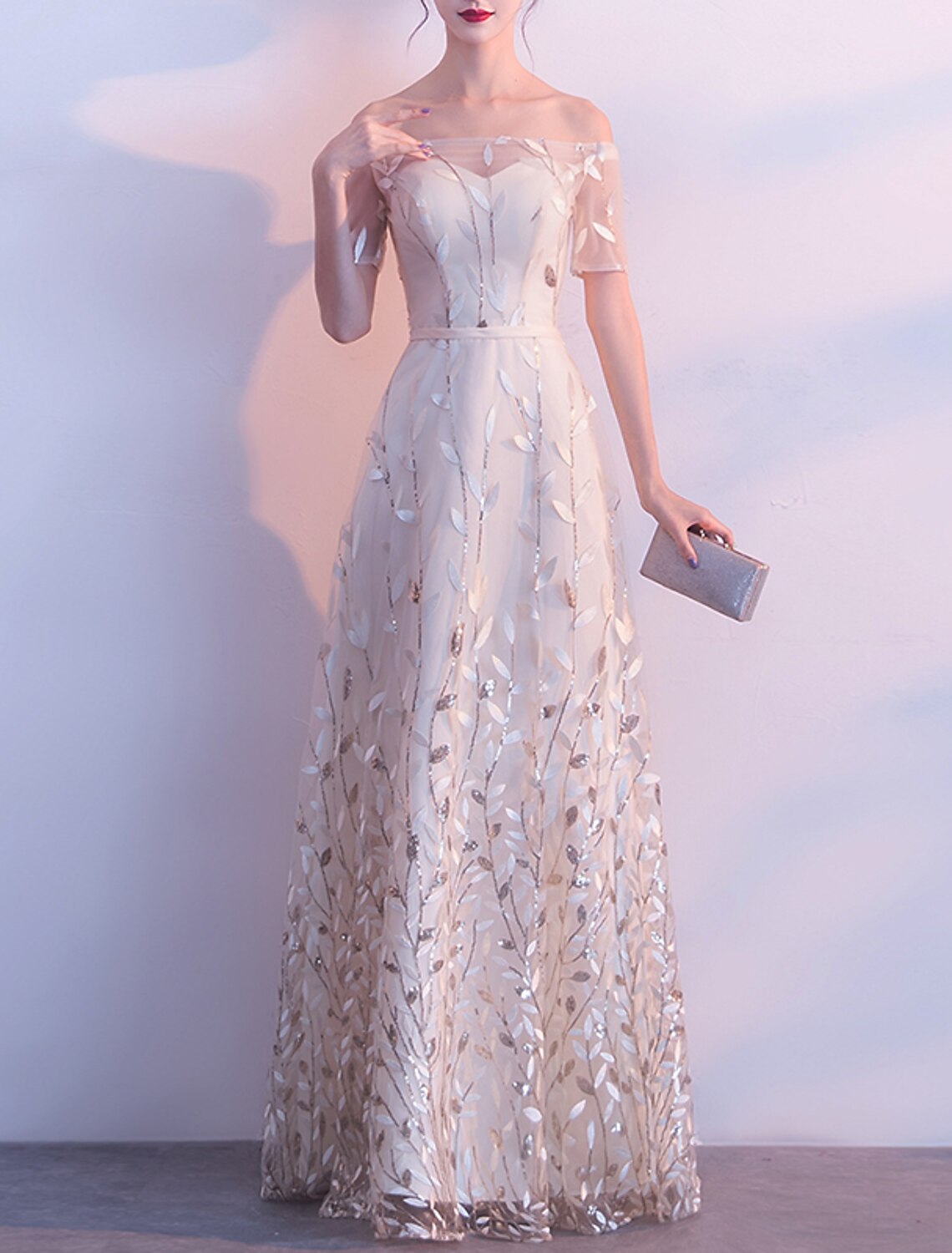 A-Line Prom Dresses Floral Dress Wedding Guest Prom Floor Length Short Sleeve Off Shoulder Tulle with Sash / Ribbon Embroidery