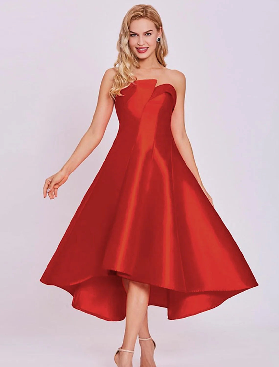 DingjiA-Line Cocktail Dresses Minimalist Dress Homecoming Wedding Guest Tea Length Sleeveless Strapless Satin with Sleek