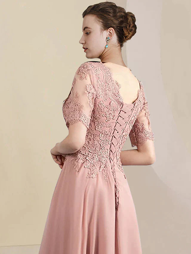 DingjiTwo Piece A-Line Mother of the Bride Dress Formal Wedding Guest Elegant High Low V Neck Asymmetrical Tea Length Chiffon Lace Short Sleeve Wrap Included with Pleats Appliques