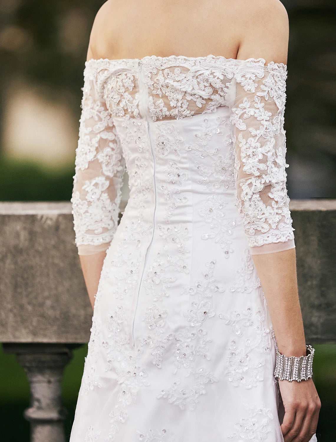 Hall Wedding Dresses A-Line Off Shoulder 3/4-Length Sleeve Sweep / Brush Train Lace Bridal Gowns With Beading Appliques
