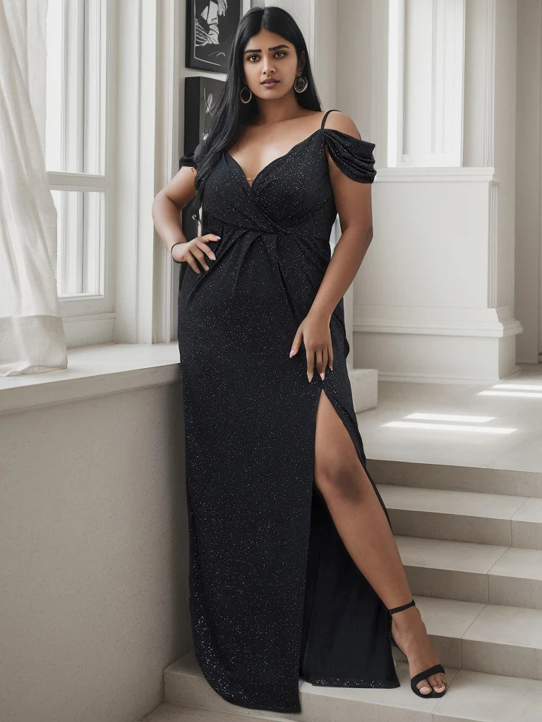 Plus Size V-Neck Cold Shoulder Floor-Length Evening Dress