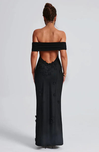 A-Line Off-the-Shoulder 3D floral appliques Thigh high split Front fork Formal Prom Dress