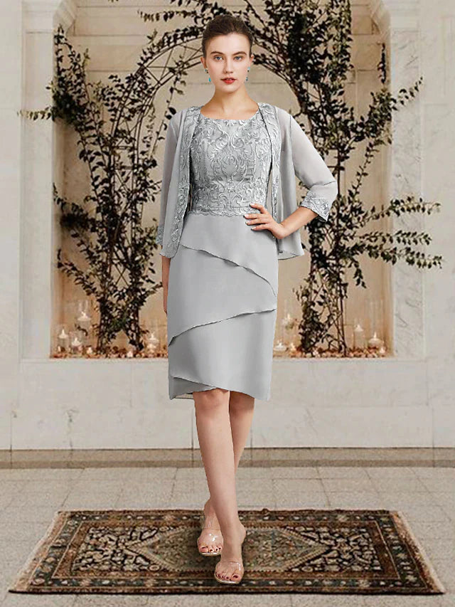 Two Piece Sheath / Column Mother of the Bride Dress Church Elegant Square Neck Jewel Neck Knee Length Chiffon Lace Sleeveless Wrap Included with Ruffles Appliques