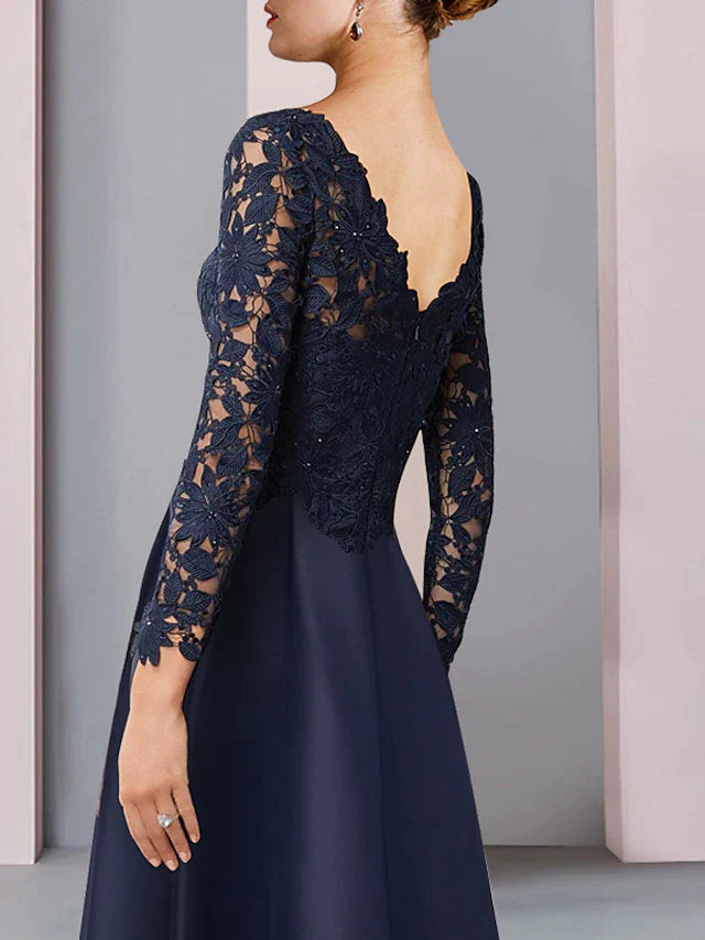 DingjiA-Line Mother of the Bride Dress Formal Wedding Guest Elegant High Low V Neck Asymmetrical Tea Length Satin Lace Long Sleeve with Pleats Appliques