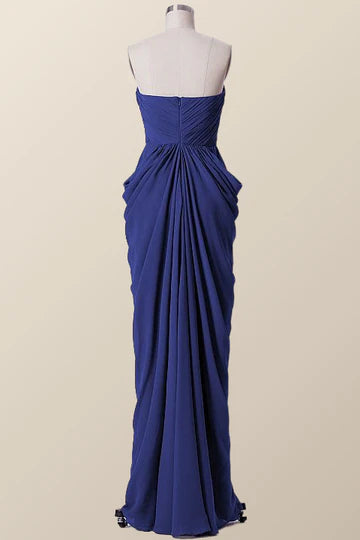 Sweetheart Navy Blue Draped Long Bridesmaid Dress