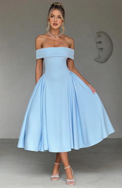 A-Line Off-the-Shoulder Bardot neckline with pleat detail Midi length Prom Dress ﻿