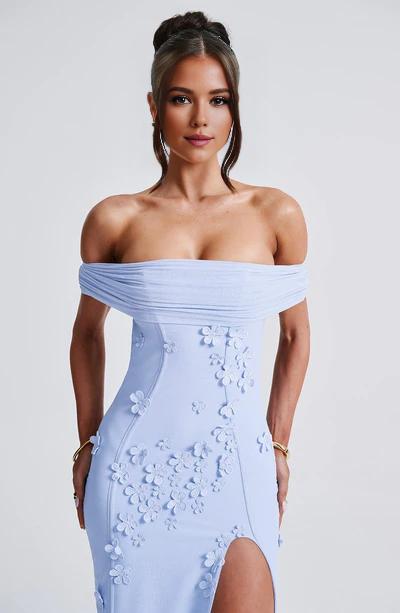 A-Line Off-the-Shoulder 3D floral appliques Thigh high split Front fork Formal Prom Dress