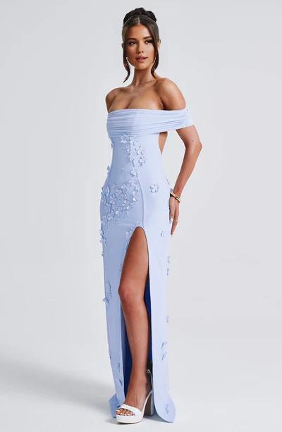 A-Line Off-the-Shoulder 3D floral appliques Thigh high split Front fork Formal Prom Dress