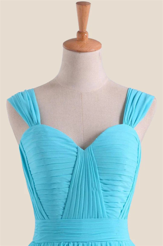 Blue Chiffon Pleated A-line Long Bridesmaid Dress