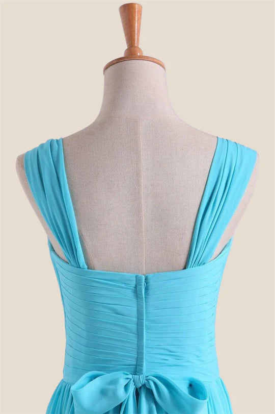 Blue Chiffon Pleated A-line Long Bridesmaid Dress