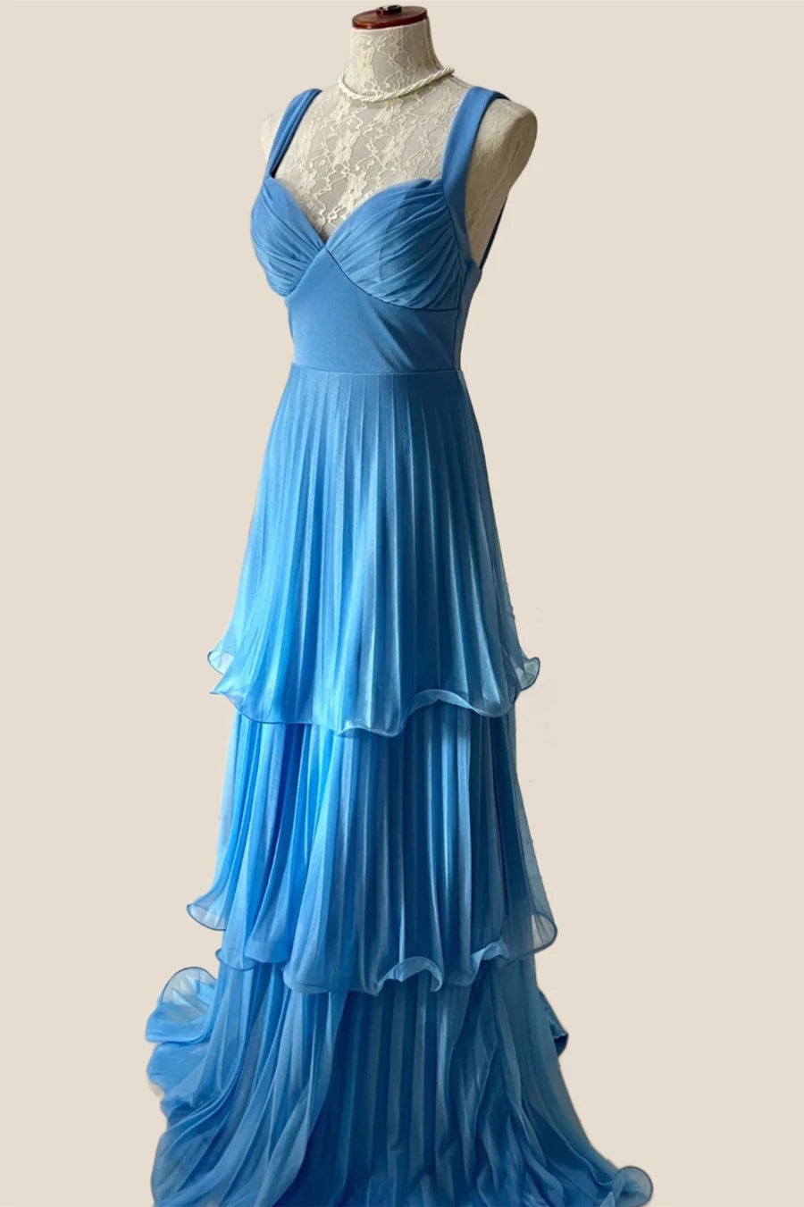 Blue Pleated Chiffon Tiered Long Prom Dress