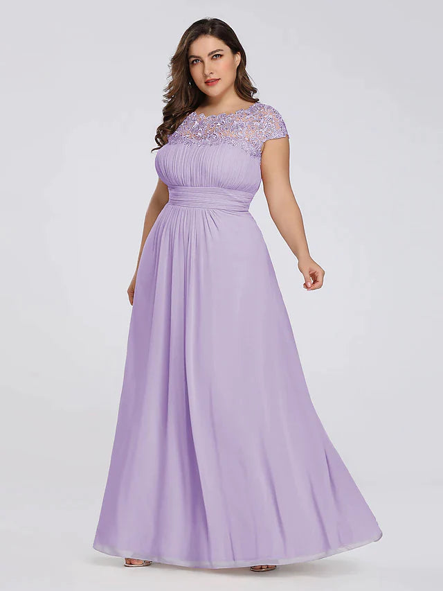 A-Line Mother of the Bride Dress Plus Size Jewel Neck Floor Length Chiffon Short Sleeve with Lace Ruching