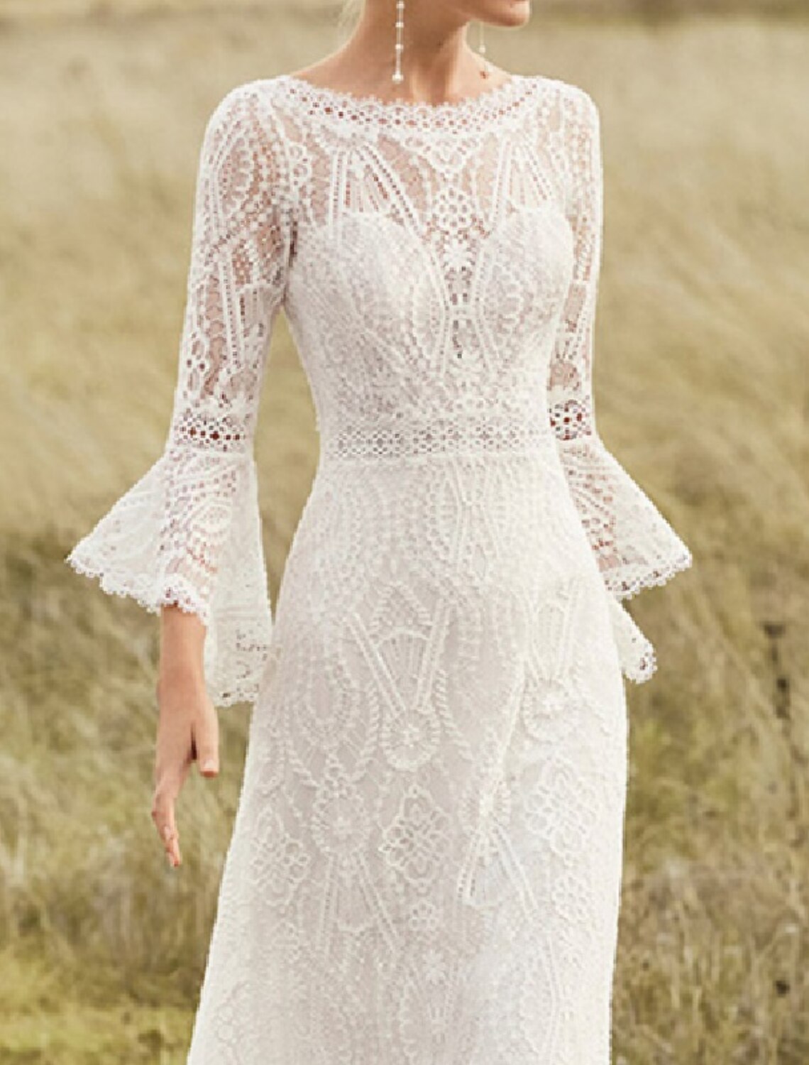 A-Line Scoop Neck Long Sleeve Sweep / Brush Train Lace Bridal Gowns With Lace Solid Color Summer Wedding Party