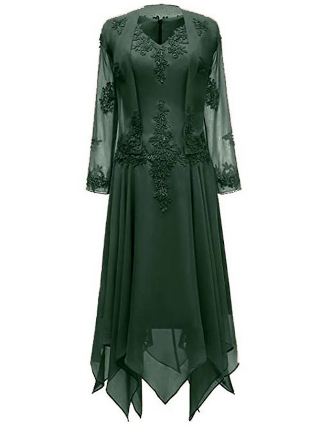 DingjiTwo Piece A-Line Mother of the Bride Dress Wedding Guest Church Wrap Included V Neck Knee Length Chiffon 3/4 Length Sleeve with Pleats Appliques