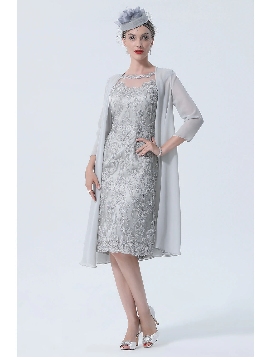 Two Piece Mother of the Bride Dress Church Vintage Plus Size Sexy Jewel Neck Tea Length Chiffon 3/4 Length Sleeve with Lace
