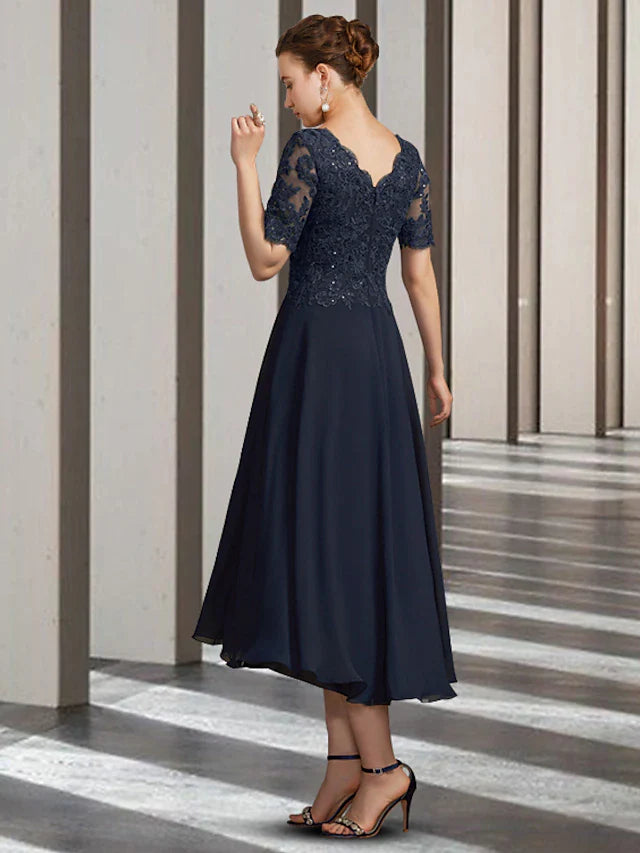 A-Line Mother of the Bride Dress Elegant High Low V Neck Asymmetrical Tea Length Chiffon Lace Short Sleeve with Pleats Appliques