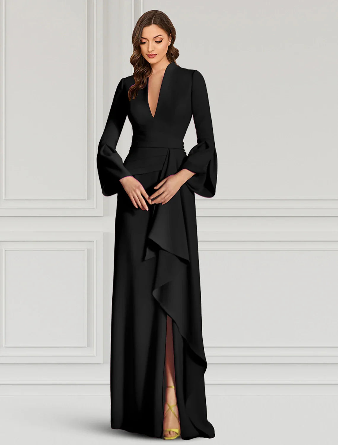 DingjiSheath Evening Gown Elegant Black Dress Formal Cocktail Party Dress Floor Length Long Sleeve V Neck Fall Wedding Guest Stretch Fabric with Ruffles