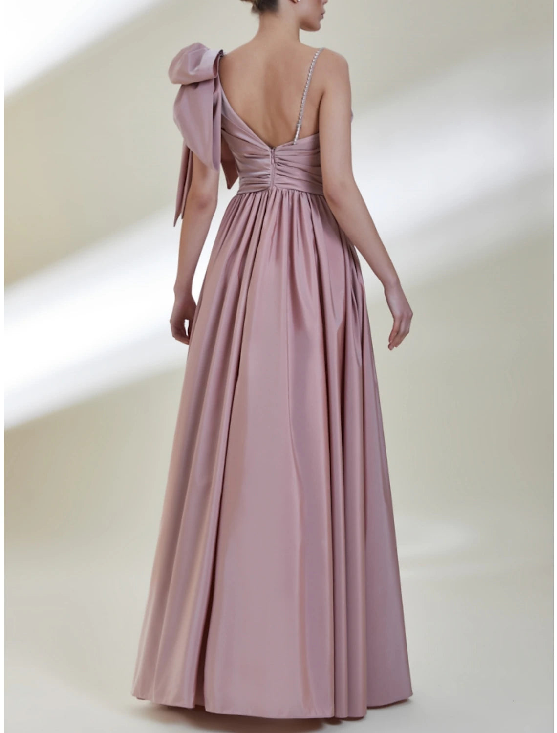 A-Line Prom Dresses Elegant Dress Formal Floor Length Sleeveless Spaghetti Strap Satin with Bow(s) Pleats Slit