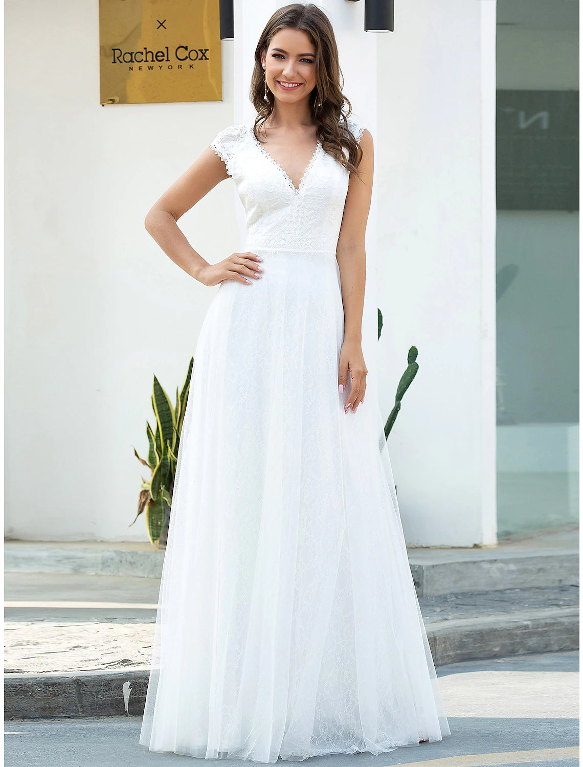 Beach Wedding Dresses A-Line V Neck Cap Sleeve Floor Length Lace Bridal Gowns With Lace Summer Wedding Party