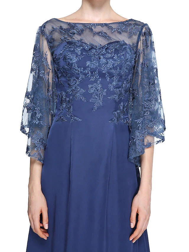 Sheath / Column Mother of the Bride Dress Elegant See Through Bateau Neck Ankle Length Chiffon Lace Half Sleeve with Lace