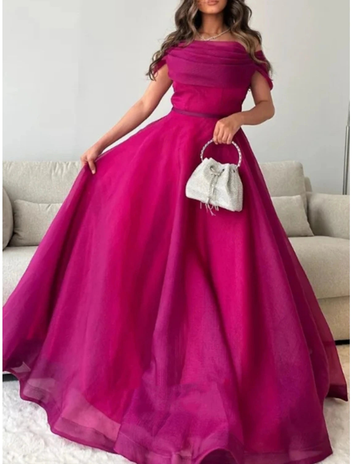 A-Line Prom Dresses Elegant Dress Formal Sweep / Brush Train Short Sleeve Off Shoulder Tulle with Pleats Ruched