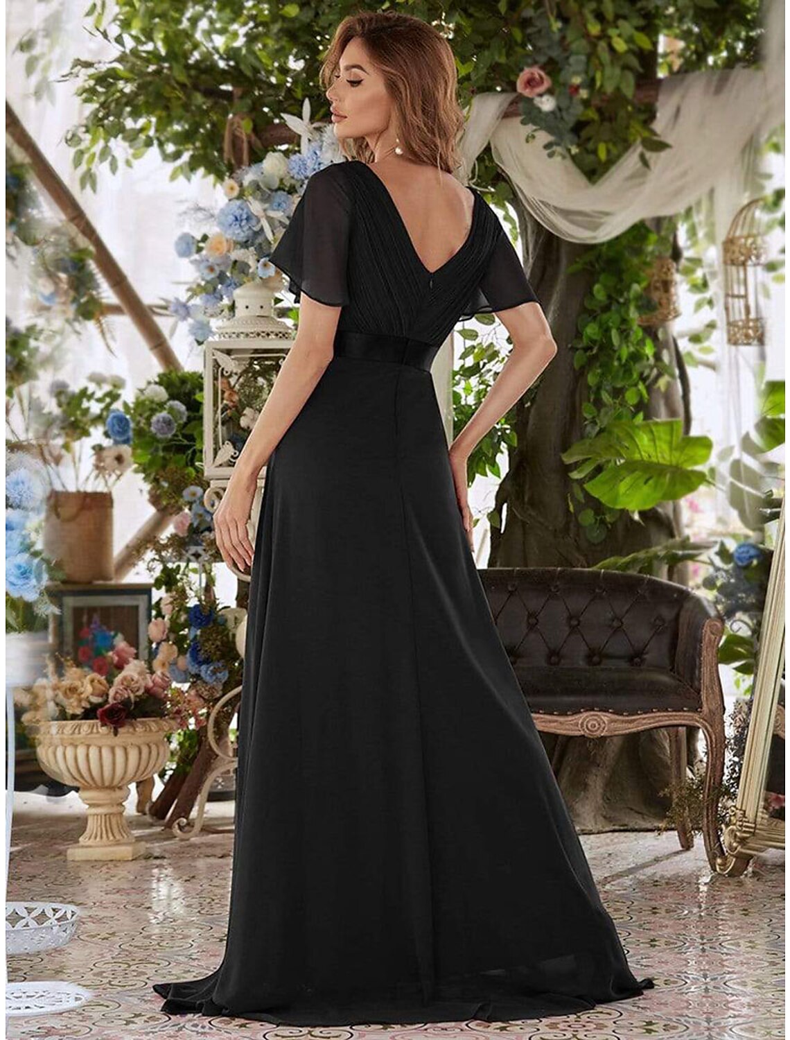 A-Line Evening Gown Empire Dress Wedding Guest Formal Evening Floor Length Short Sleeve V Neck Bridesmaid Dress Chiffon V Back with Ruffles Pure Color