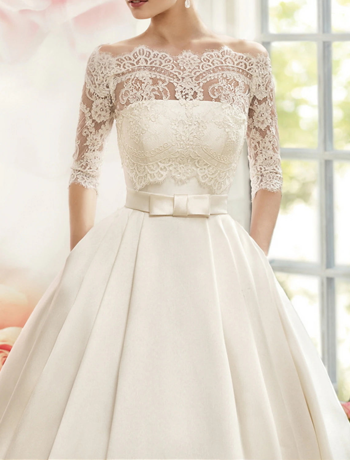 Engagement Formal Fall Wedding Dresses Ball Gown Off Shoulder Half Sleeve Court Train Satin Bridal Gowns With Bow(s) Pleats Summer Wedding Party, Women‘s Clothing