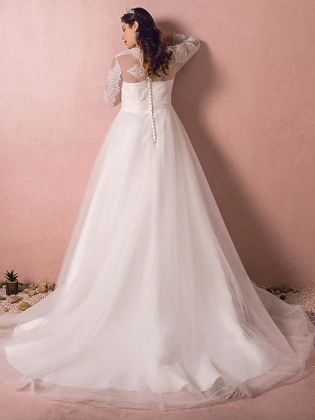 Dingji Hall Sparkle & Shine Wedding Dresses Court Train A-Line Long Sleeve Illusion Neck Satin With Buttons Ruched