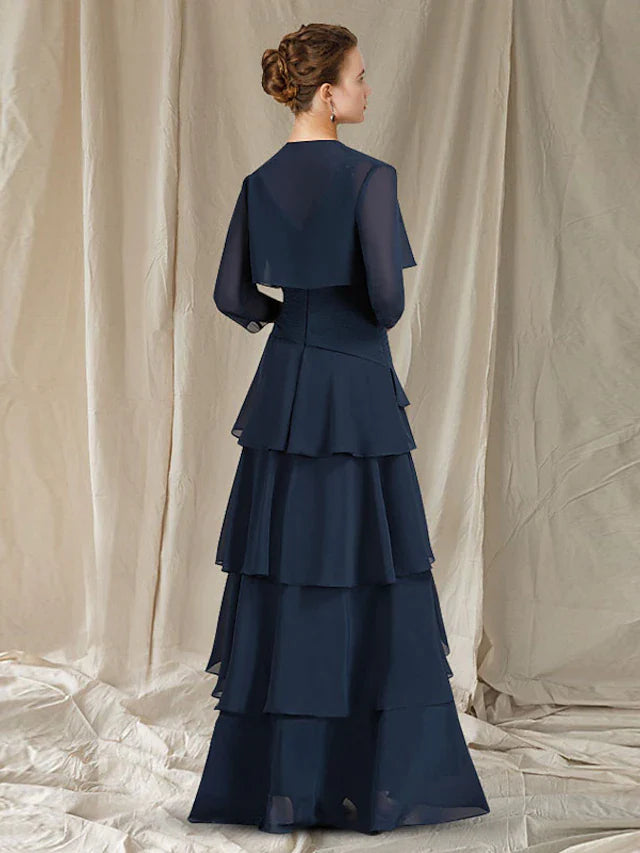 DingjiTwo Piece A-Line Mother of the Bride Dress Elegant High Low V Neck Asymmetrical Floor Length Chiffon Short Sleeve Wrap Included with Ruched Ruffles