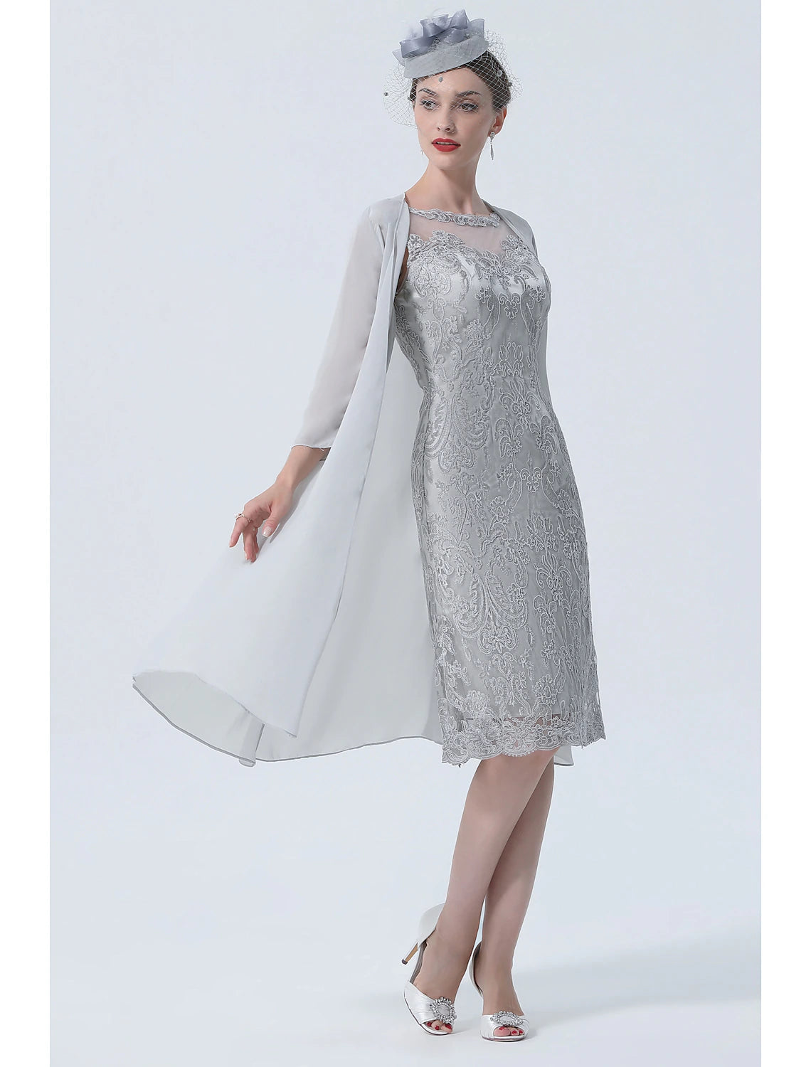 Two Piece Mother of the Bride Dress Church Vintage Plus Size Sexy Jewel Neck Tea Length Chiffon 3/4 Length Sleeve with Lace