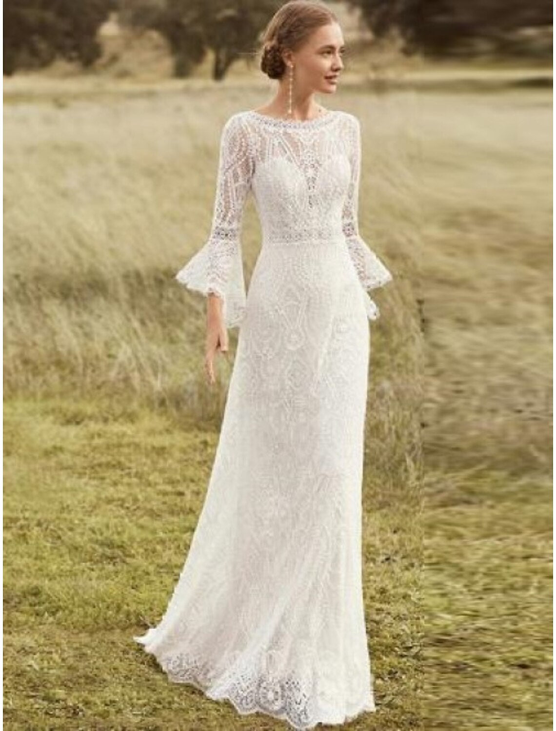 A-Line Scoop Neck Long Sleeve Sweep / Brush Train Lace Bridal Gowns With Lace Solid Color Summer Wedding Party